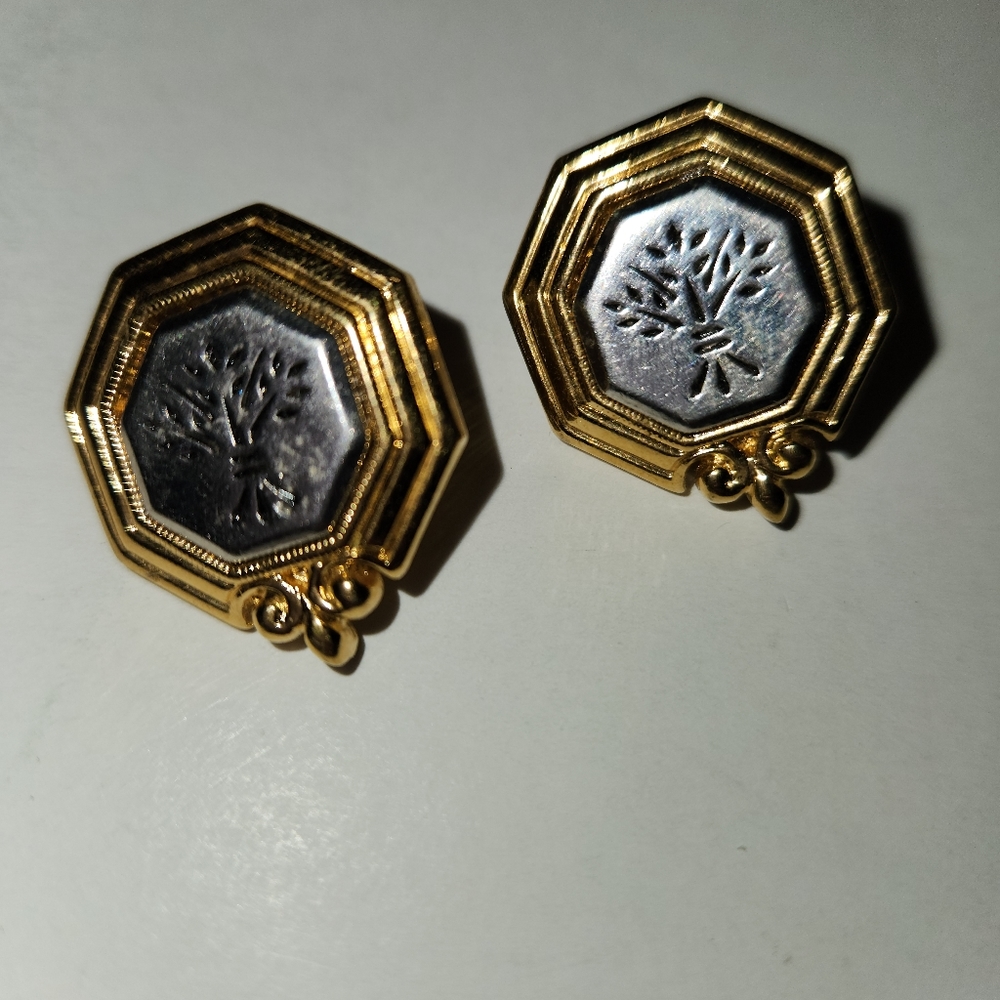 Avon Post Earrings Gold Tone & Silver Tone Etched Tree Octagon Shaped